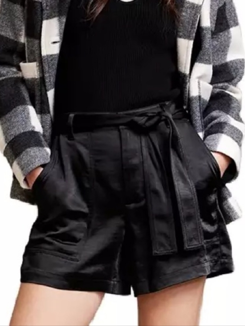 Banana Republic Black Satin Tie Belt High-Waist Shorts